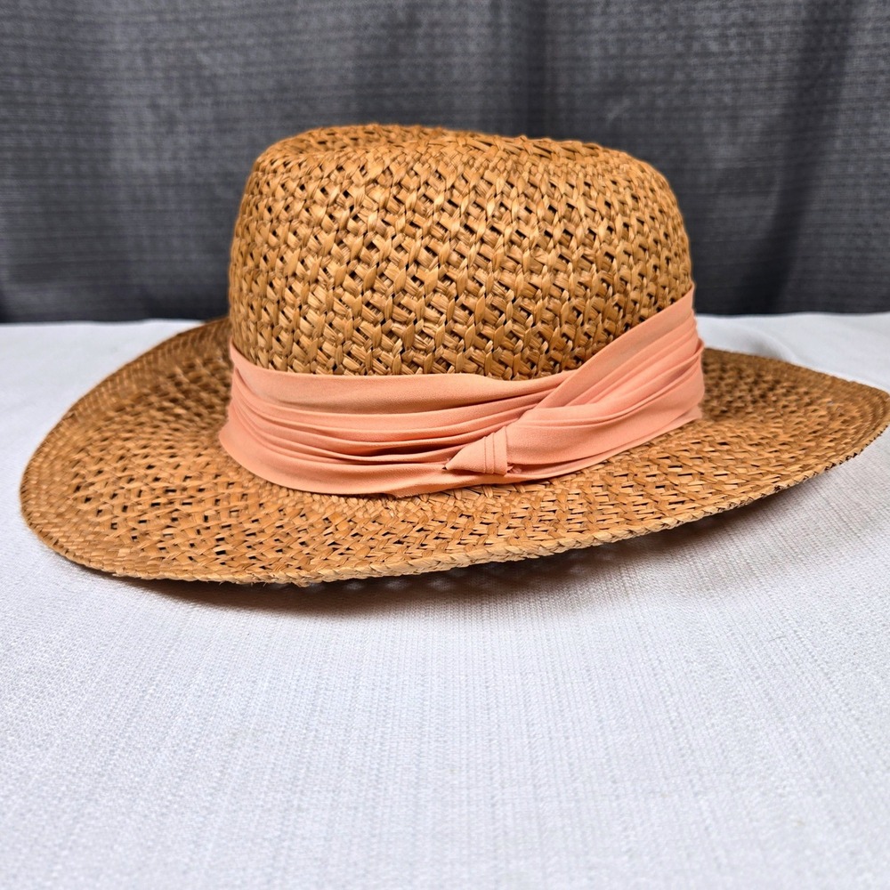 Vintage Woven Straw Fedora Sun Hat Tan with Peach Sash Band Made in China